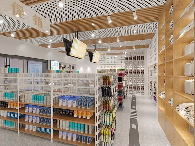 Promotional Pharmacy Store Interior With Shelves And Various Kinds of Medicine Displays 3d model