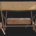 Traditional Wooden Tool Stand With Woven Top Wooden Box Metal Plates Tools And Mesh