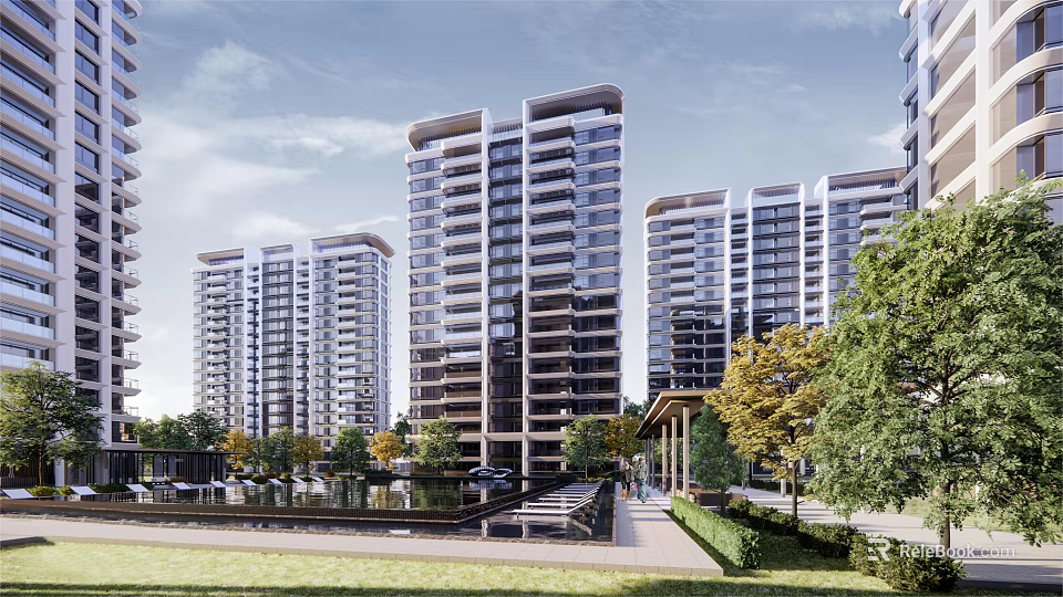 Modern High Rise Residential Complex With Greenery Trees Pond Pathway And Lawn 3d model