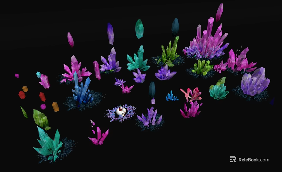 Vibrant Art Installation With Colorful Crystal Clusters On Black Background 3d model 