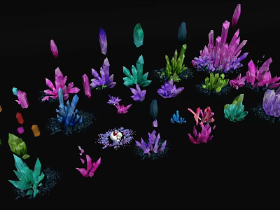 Vibrant Art Installation With Colorful Crystal Clusters On Black Background 3d model
