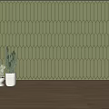 Green Hexagonal Wall Decor With Wooden Floor And White Planters With Cactus Plants