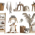 Natural Wooden Bathroom Accessories Including Towels Shelves Bottles Mirror and Plant