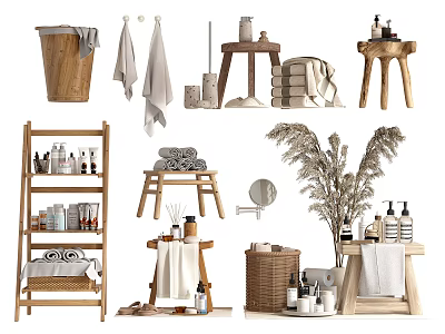 Natural Wooden Bathroom Accessories Including Towels Shelves Bottles Mirror and Plant 3d model