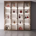 Modern Wine Cabinet With Wooden Frame Multiple White Shelves And LED Lighting Displaying Various Bottles