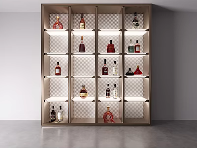 Modern Wine Cabinet With Wooden Frame Multiple White Shelves And LED Lighting Displaying Various Bottles 3d model