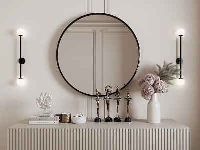 Elegant Console Table and Side Cabinet with Round Mirror Wall Sconces Decorative Vase and Trophies 3d model
