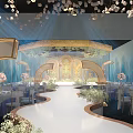 Luxurious Banquet Hall Interior Design With White Petal Ceiling Blue Lighting And Arched Accents