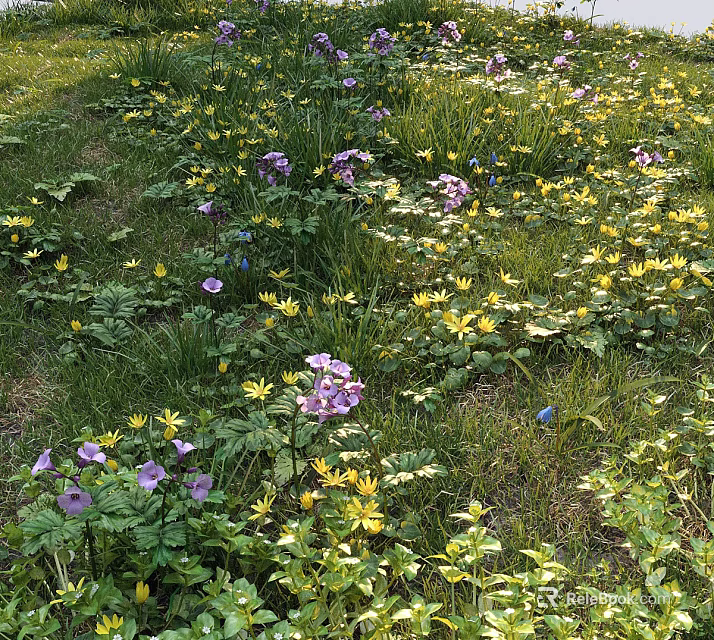 Vibrant Flower Meadow With Yellow Purple Flowers Green Grass And Lush Plants 3d model 
