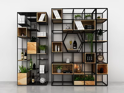 Modern Storage Shelving Units With Metal Frame Wooden Shelves Books Plants And Decorative Items 3d model