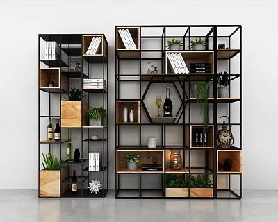 Modern Storage Shelving Units With Metal Frame Wooden Shelves Books Plants And Decorative Items 3d model