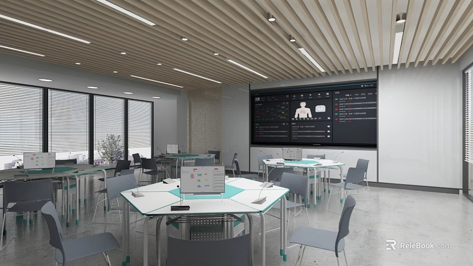 Modern School Classroom with Round Glass Tables Gray Chairs Large Screen and Bright Windows 3d model 