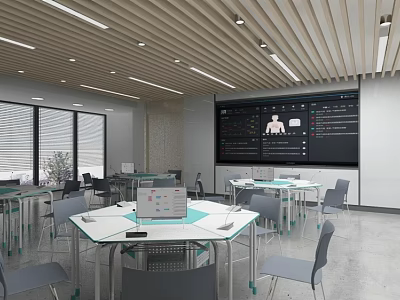 Modern School Classroom with Round Glass Tables Gray Chairs Large Screen and Bright Windows 3d model