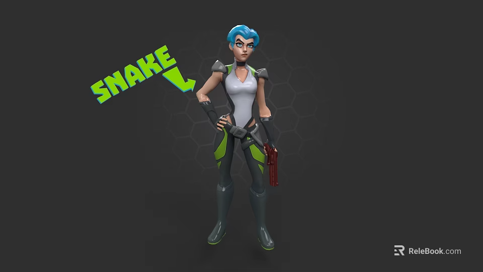 Woman With Blue Hair In White Tank Top Holding Red Gun And Snake Text 3d model 