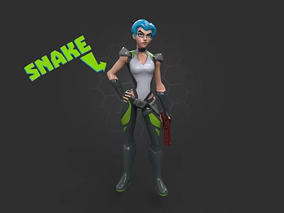 Woman With Blue Hair In White Tank Top Holding Red Gun And Snake Text 3d model
