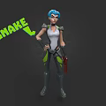 Woman With Blue Hair In White Tank Top Holding Red Gun And Snake Text