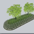 Lush Green Shrubs With Trees In Garden Bed Along Concrete Curb