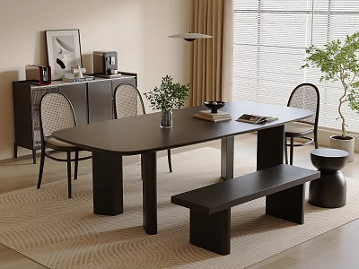 Modern Black Dining Table Set With Wicker Back Chairs Bench And Potted Plant 3d model
