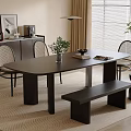 Modern Black Dining Table Set With Wicker Back Chairs Bench And Potted Plant