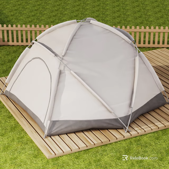 White and Gray Camping Tent Setup on Wooden Deck with Green Grass and Fence 3d model 