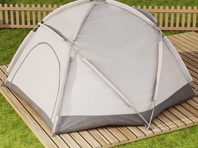 White and Gray Camping Tent Setup on Wooden Deck with Green Grass and Fence 3d model