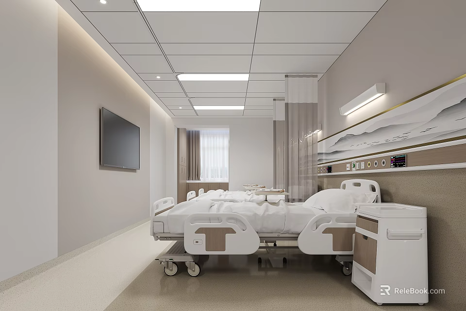 Hospital Ward Interior With Two Beds TV Medical Cabinets And Modern Design 3d model 