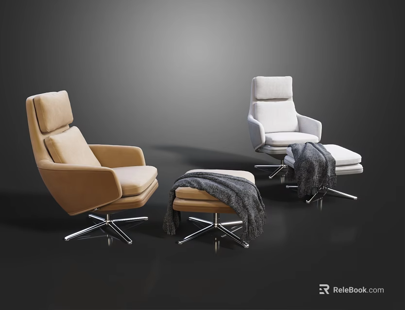 Modern Beige And White Lounge Chairs With Metal Base And Gray Blanket Ottoman 3d model 