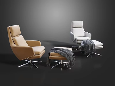 Modern Beige And White Lounge Chairs With Metal Base And Gray Blanket Ottoman 3d model