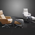 Modern Beige And White Lounge Chairs With Metal Base And Gray Blanket Ottoman