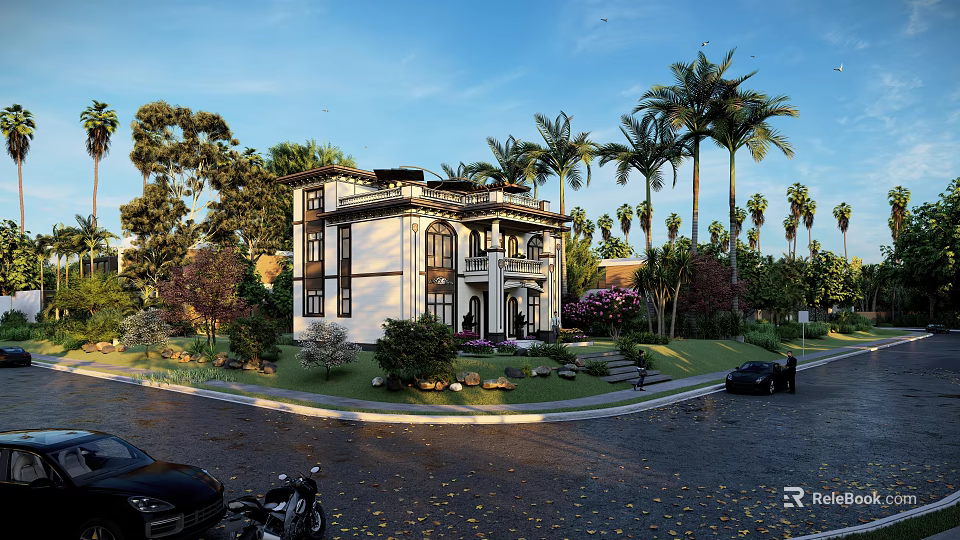 Two Story Detached Villa With White Exterior Lush Greenery Palm Trees Lawn And Driveway 3d model 