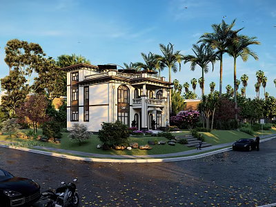Two Story Detached Villa With White Exterior Lush Greenery Palm Trees Lawn And Driveway 3d model
