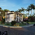 Two Story Detached Villa With White Exterior Lush Greenery Palm Trees Lawn And Driveway