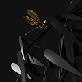 Decorative Ornament Set With Circular Black Frame Bamboo Leaves And Golden Insects