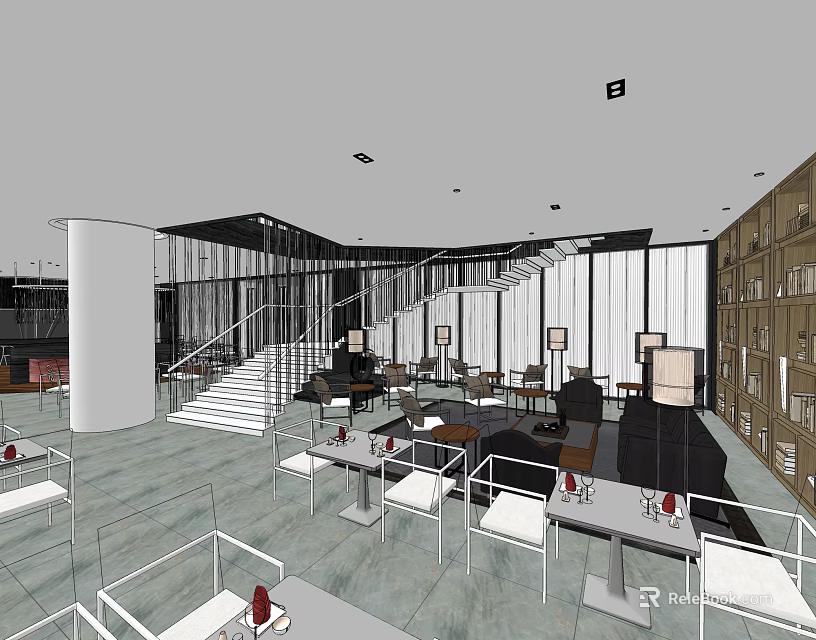 Modern Restaurant Interior With Spiral Staircase Tables Chairs And Bookshelves 3d model 
