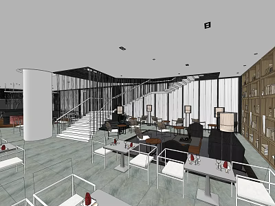 Modern Restaurant Interior With Spiral Staircase Tables Chairs And Bookshelves 3d model