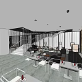 Modern Restaurant Interior With Spiral Staircase Tables Chairs And Bookshelves