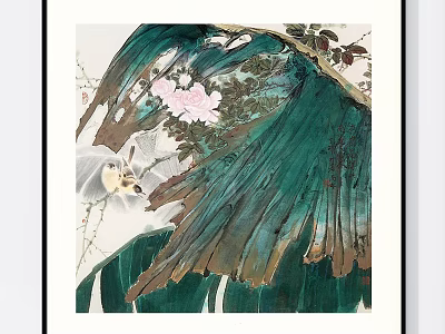 Traditional Chinese Painting With Green Leaves Pink Flowers And Bird 3d model
