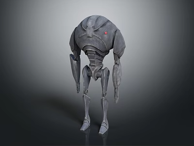 3D Model Of Gray Mechanical Creature With Red Eye And Slender Limbs 3d model
