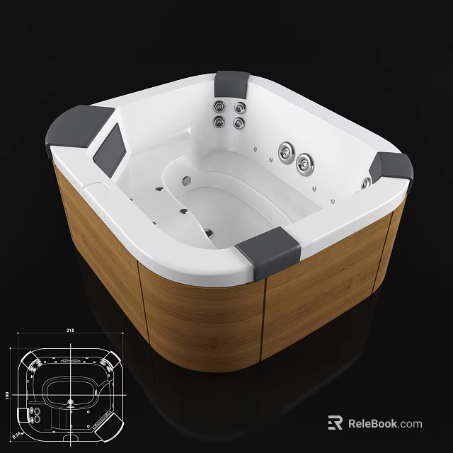 Modern Square Bathtub With Wooden Sides And Metal Massage Jets Design 3d model 