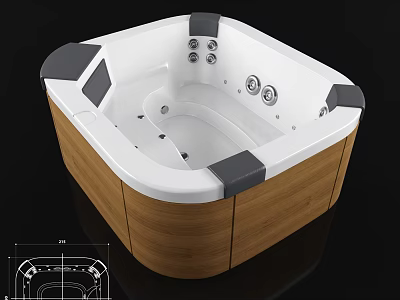 Modern Square Bathtub With Wooden Sides And Metal Massage Jets Design 3d model