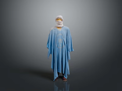 Traditional Blue Embroidered Robe With White Headscarf Daily Wear Clothing 3d model