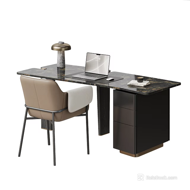 Modern Desk and Chair Set with Marble Top Beige White Armrest Laptop Lamp and Papers 3d model 