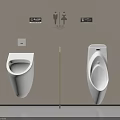White Wall Mounted Urinals In Public Restroom With Beige Wall Toilet Signs And Flush Button