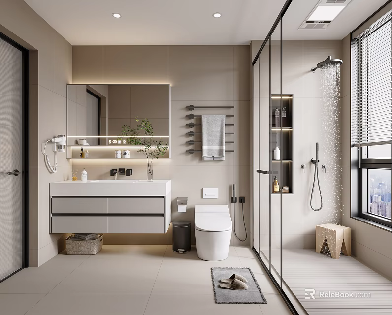Modern Light Tones Bathroom Interior With Vanity Toilet Glass Shower And Mirror 3d model 