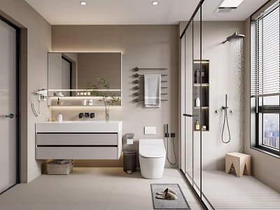 Modern Light Tones Bathroom Interior With Vanity Toilet Glass Shower And Mirror 3d model