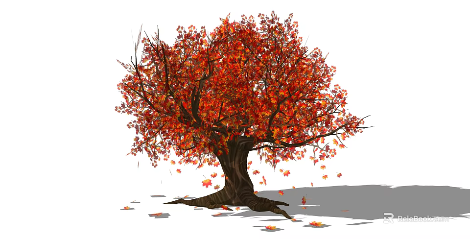 Autumn Arbor With Vibrant Red Leaves Falling Foliage And Thick Trunk 3d model 