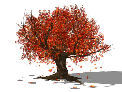 Autumn Arbor With Vibrant Red Leaves Falling Foliage And Thick Trunk 3d model