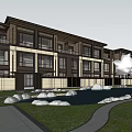 Modern Townhouses Exterior Design With Pond Rocks Green Grass And Trees