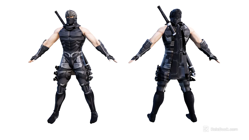 Game Movie Ninja Character in Black Combat Armor with Weapons and Front Back Views 3d model 
