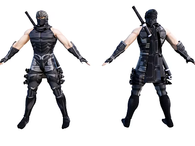Game Movie Ninja Character in Black Combat Armor with Weapons and Front Back Views 3d model